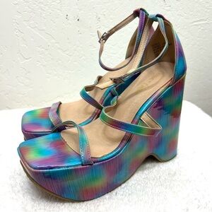 Chase & Chloe Astra Platform Wedge Multicolor Ankle Strap Sandals Size 8